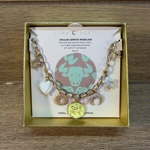 NWT LUNA NORTE Taurus Gold-Tone Astrological Pearl Charm Necklace with Box